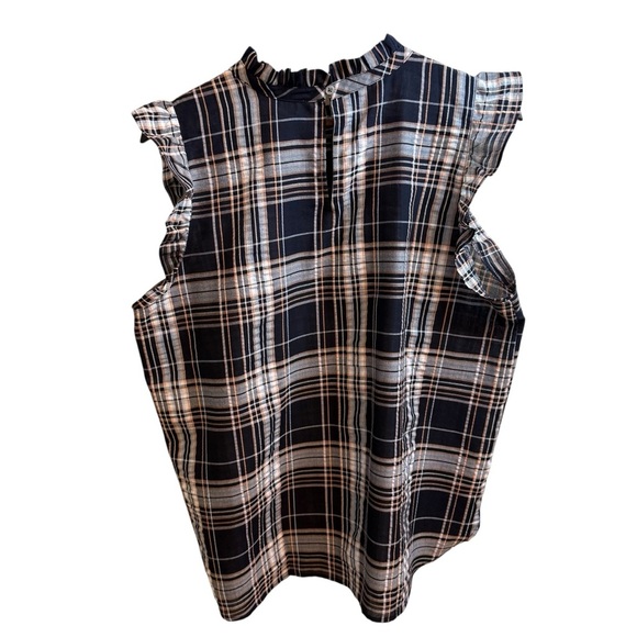 LOFT Navy and White Plaid Ruffle Sleeve Top - Picture 2 of 7